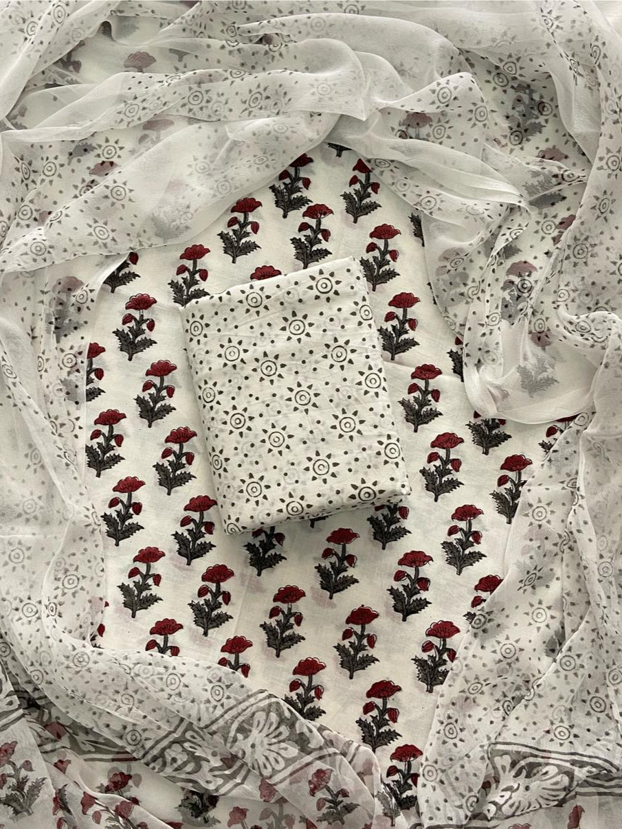 Handblock print cotton suits with chiffon dupatta