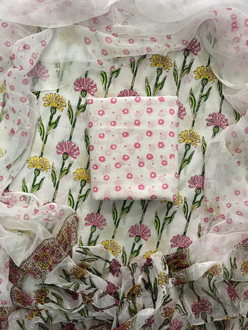 Handblock print cotton suits with chiffon dupatta