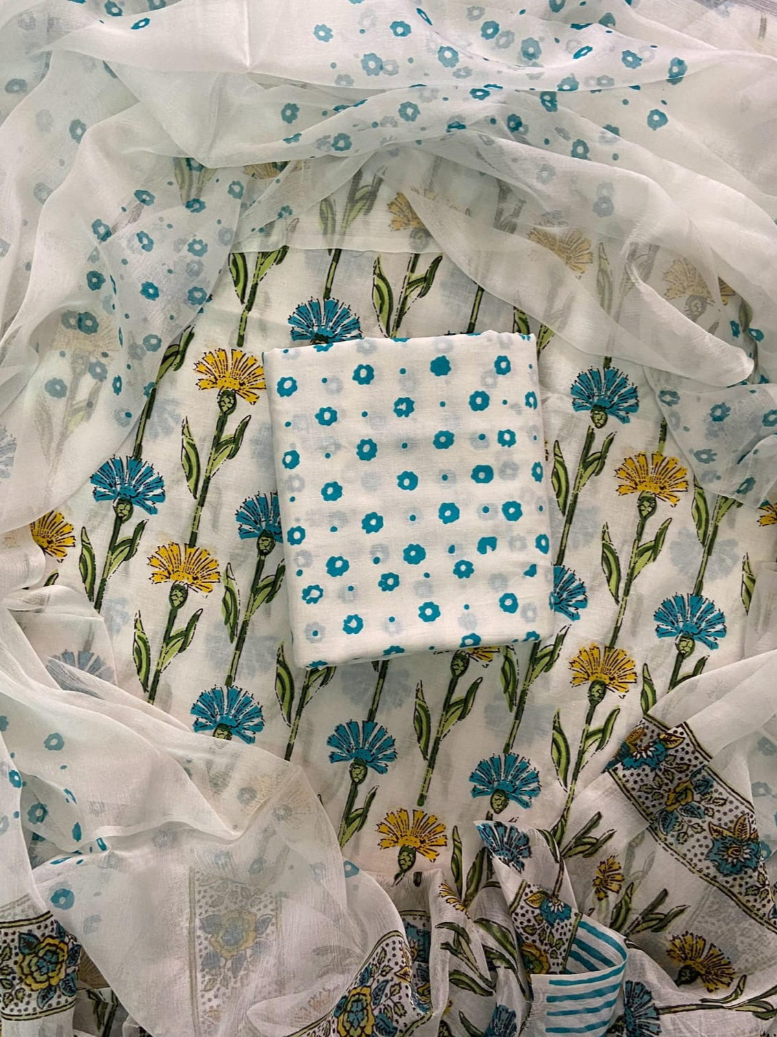 Handblock print cotton suits with chiffon dupatta