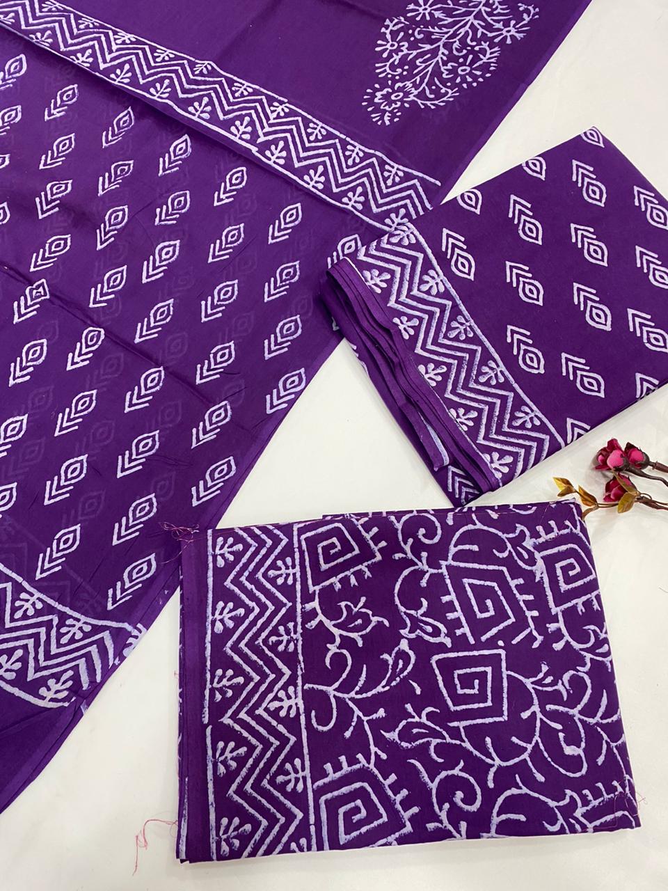 Hand Block Printed Cotton Suits With Cotton Dupatta