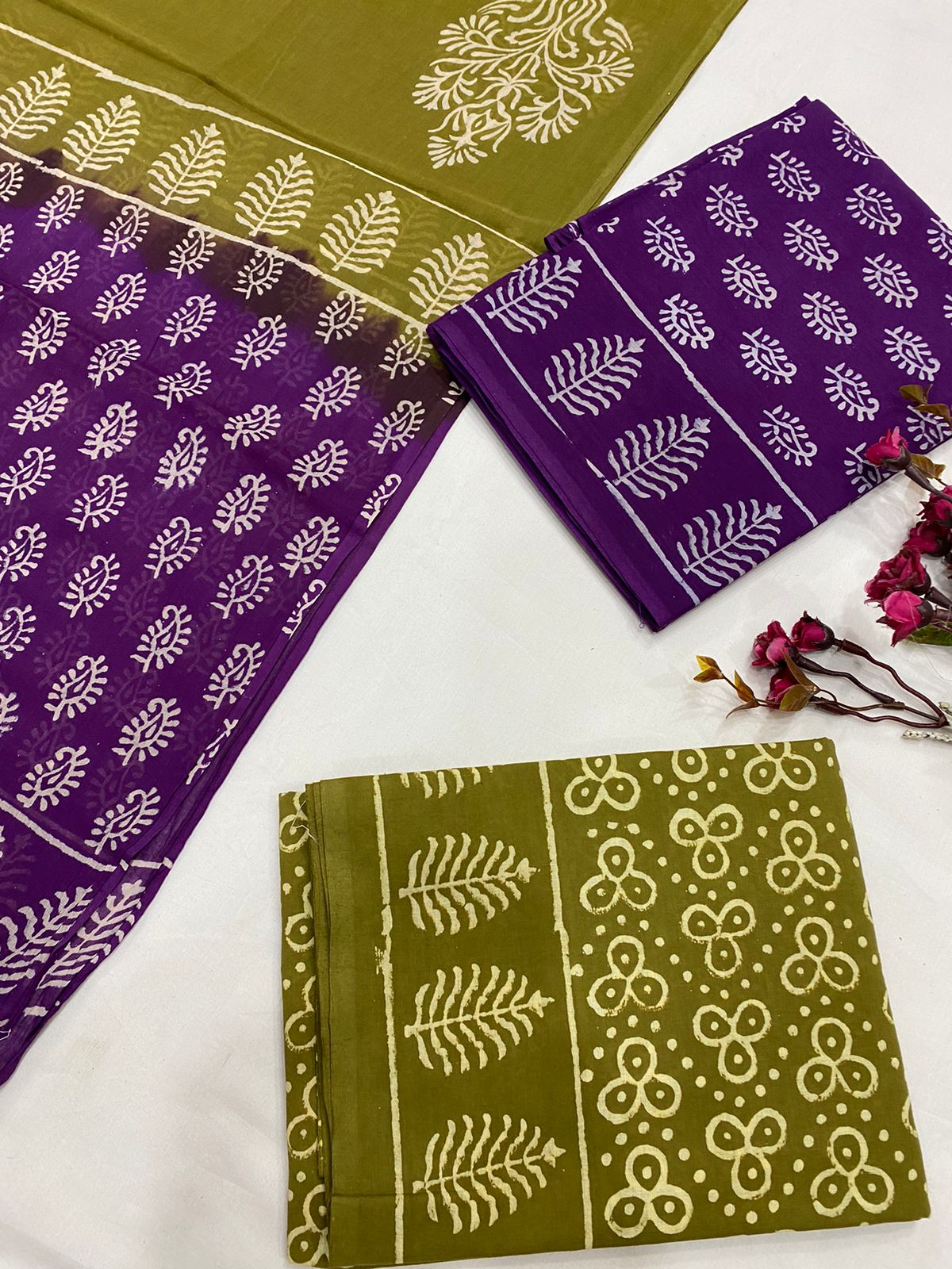 Hand Block Printed Cotton Suits With Cotton Dupatta