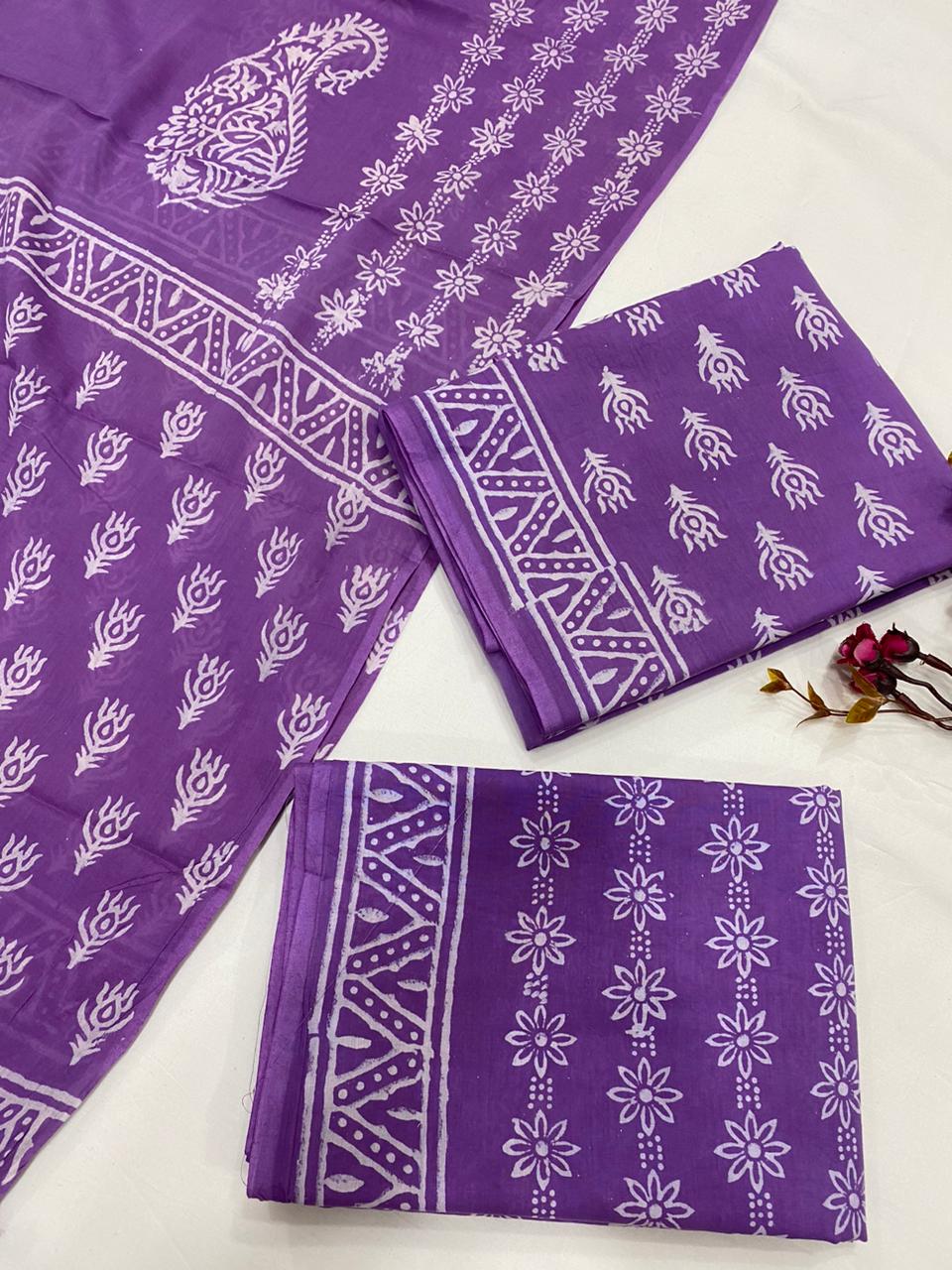 Hand Block Printed Cotton Suits With Cotton Dupatta
