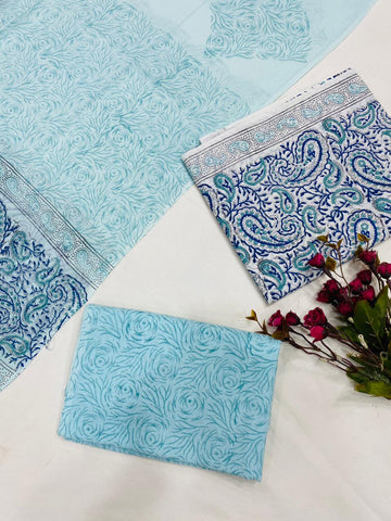 Hand Block Printed Cotton Suits With Cotton Dupatta