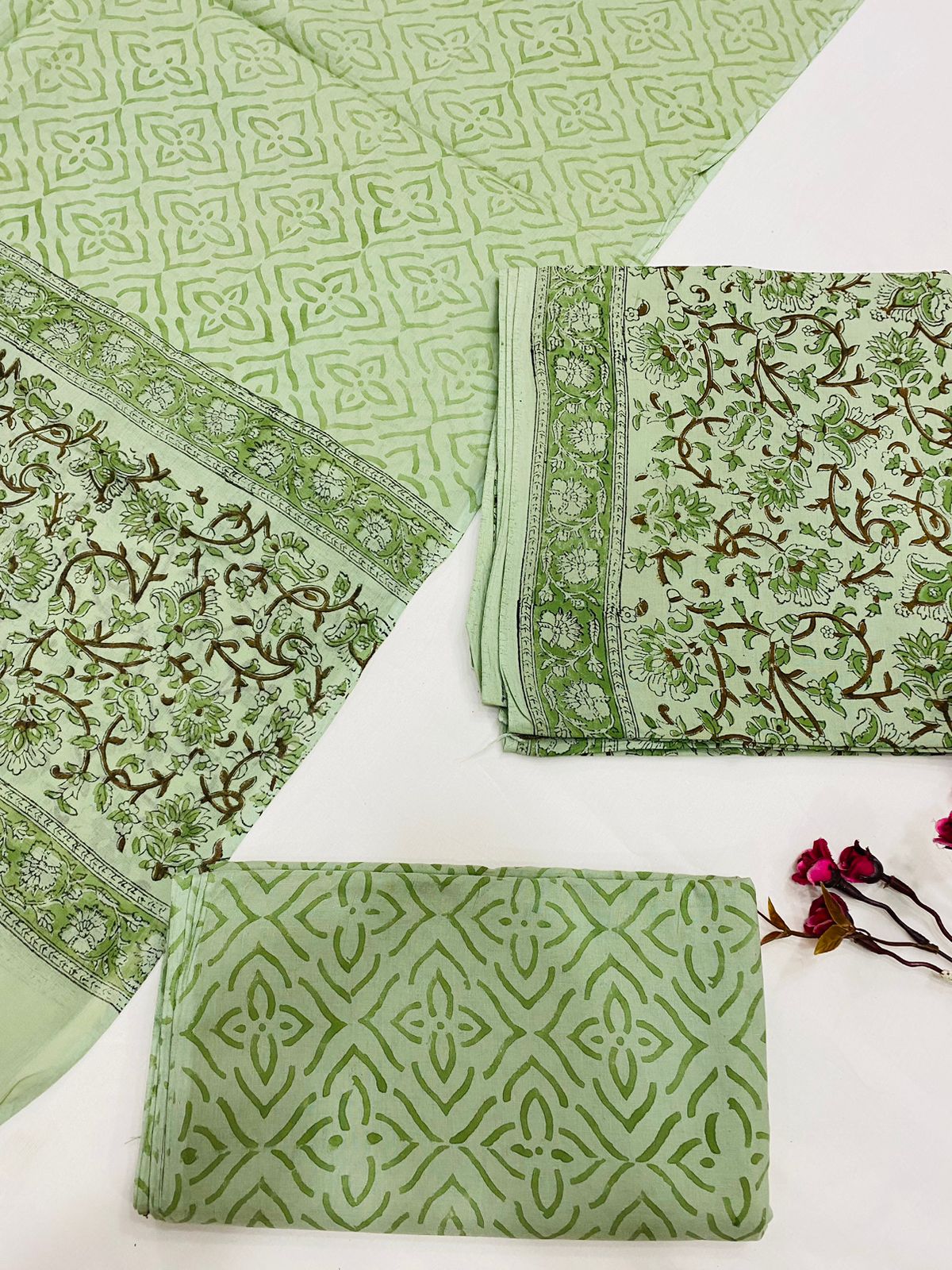 Hand Block Printed Cotton Suits With Cotton Dupatta