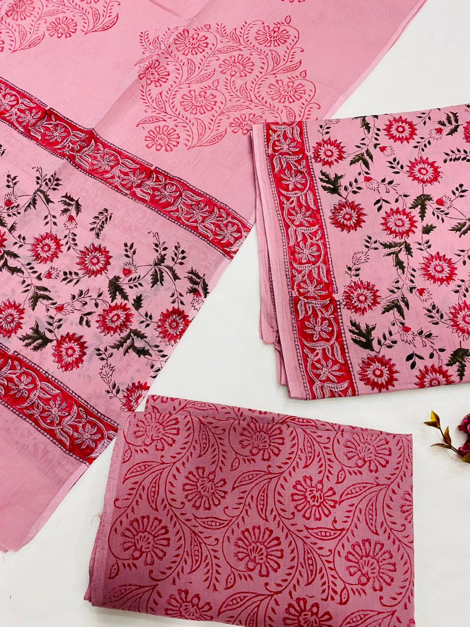 Hand Block Printed Cotton Suits With Cotton Dupatta