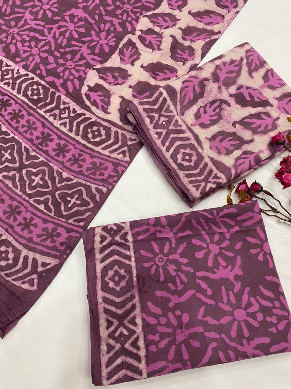 Hand Block Printed Cotton Suits With Cotton Dupatta
