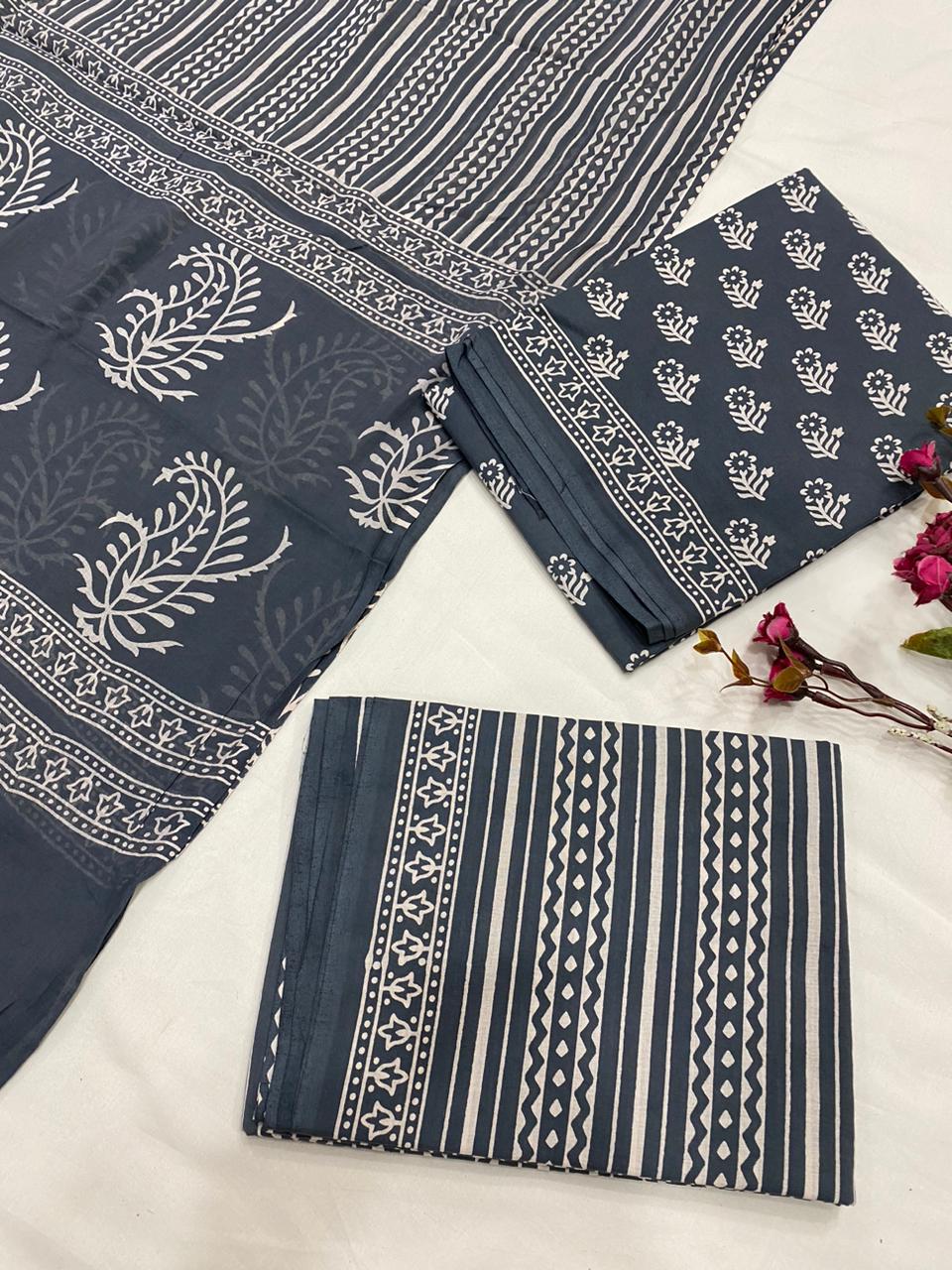 Hand Block Printed Cotton Suits With Cotton Dupatta
