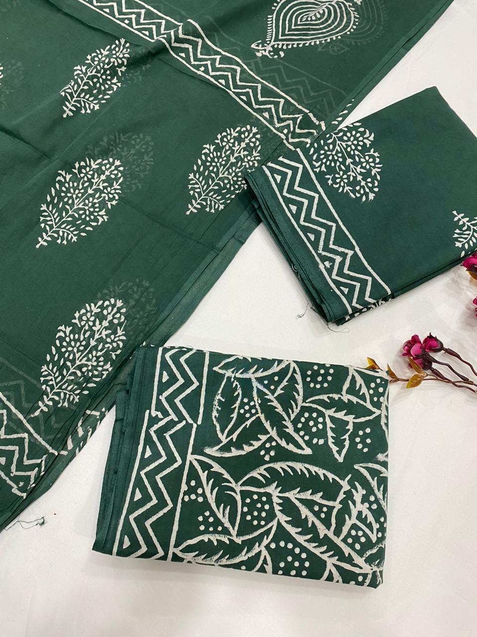 Hand Block Printed Cotton Suits With Cotton Dupatta
