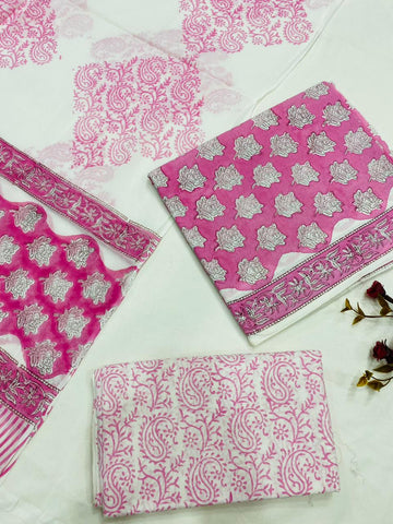 Hand Block Printed Cotton Suits With Cotton Dupatta