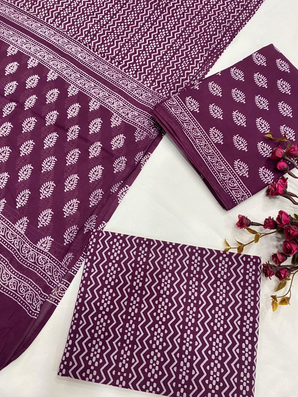 Hand Block Printed Cotton Suits With Cotton Dupatta