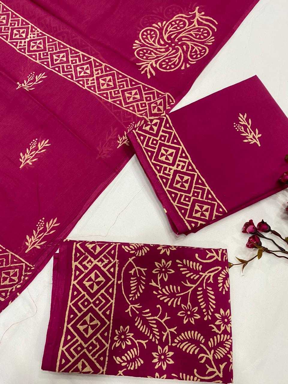 Hand Block Printed Cotton Suits With Cotton Dupatta