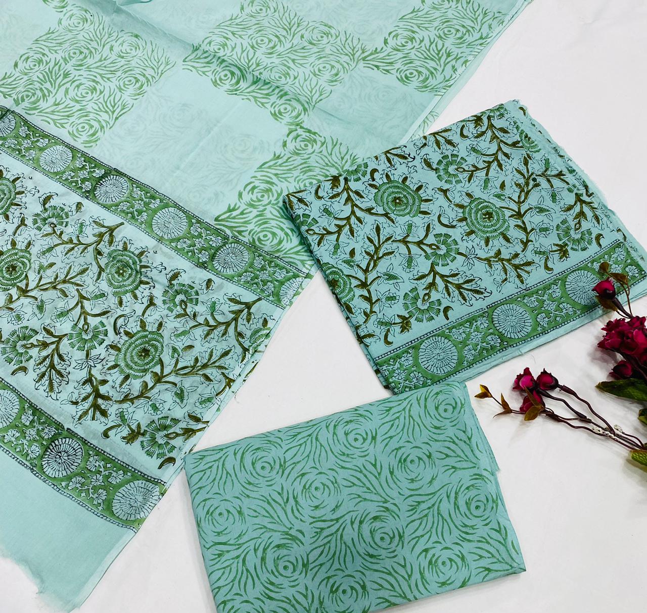 Hand Block Printed Cotton Suits With Cotton Dupatta