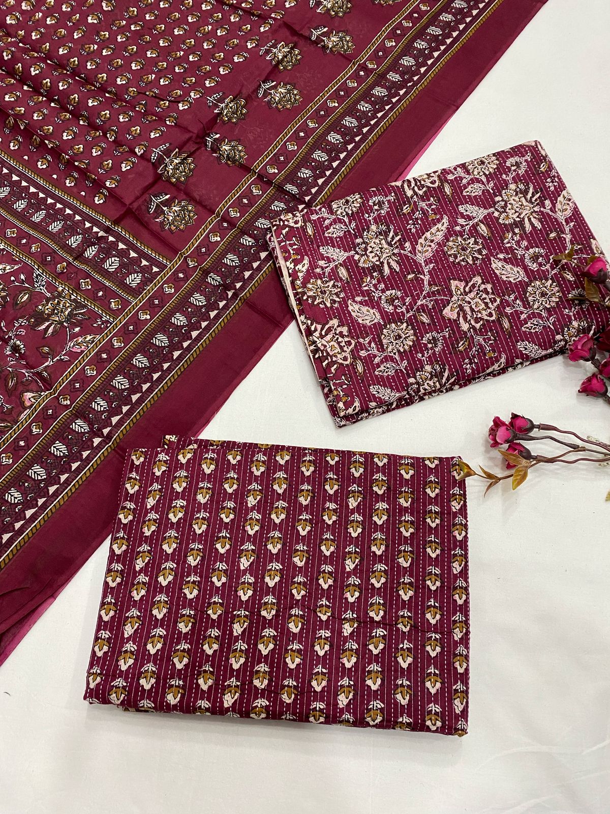 Hand Block Printed Cotton Suits With Cotton Dupatta
