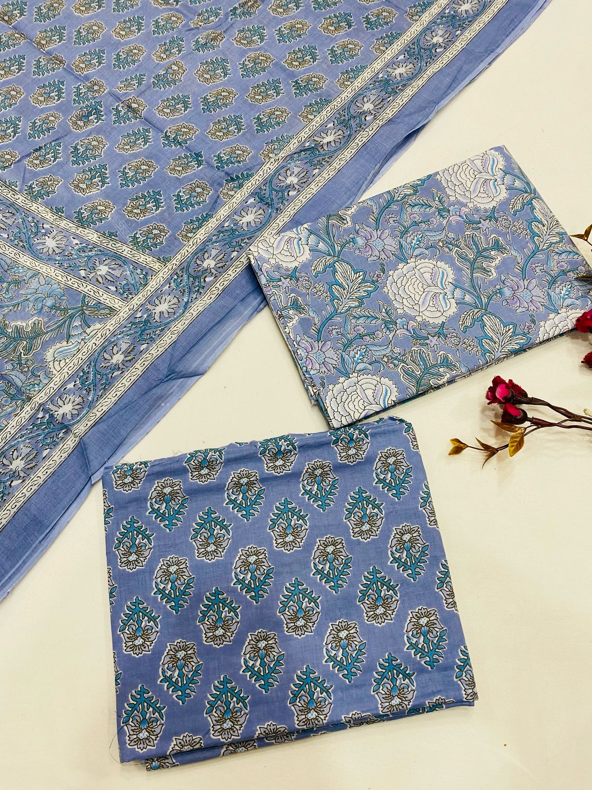 Hand Block Printed Cotton Suits With Cotton Dupatta
