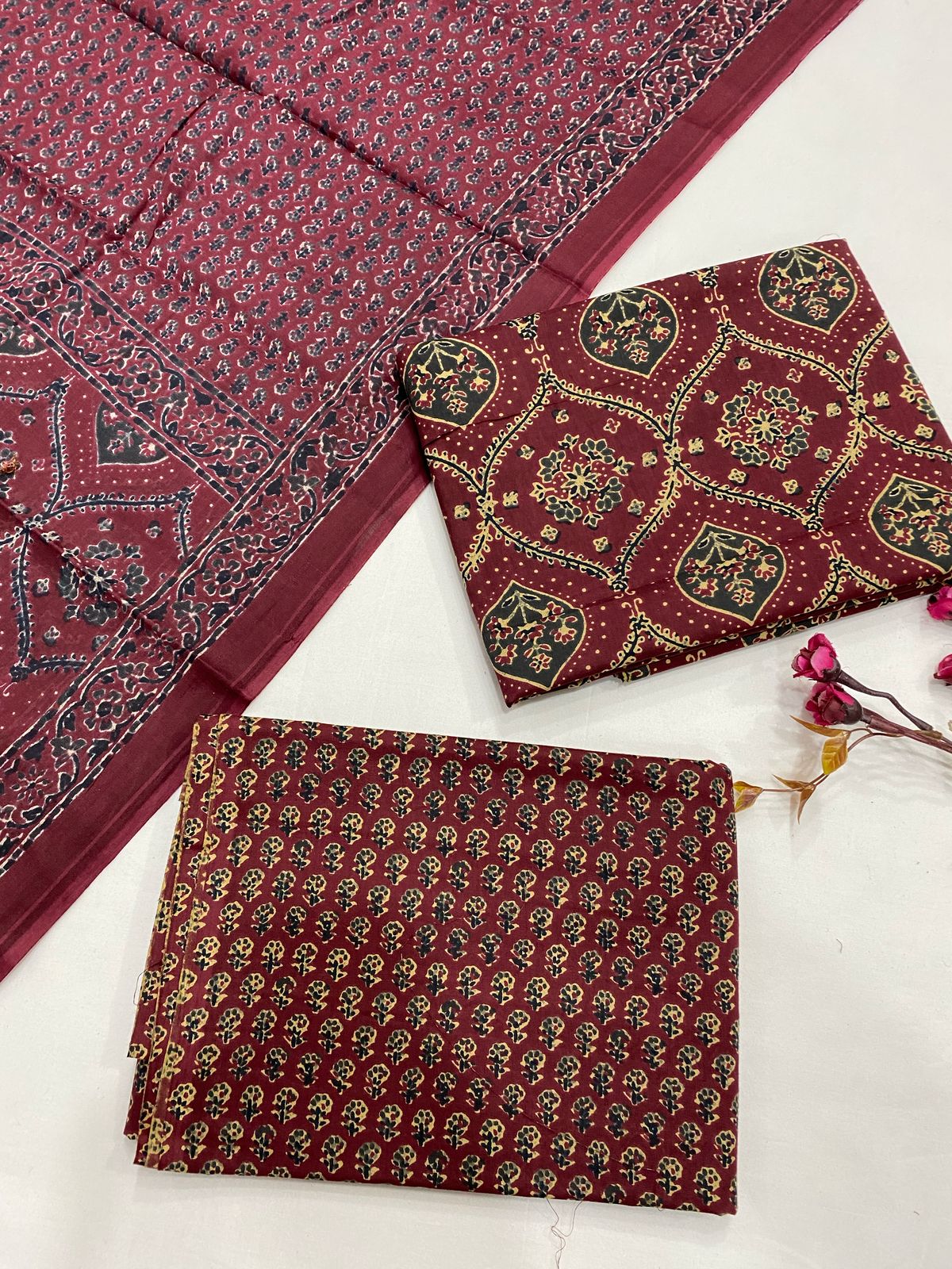 Hand Block Printed Cotton Suits With Cotton Dupatta