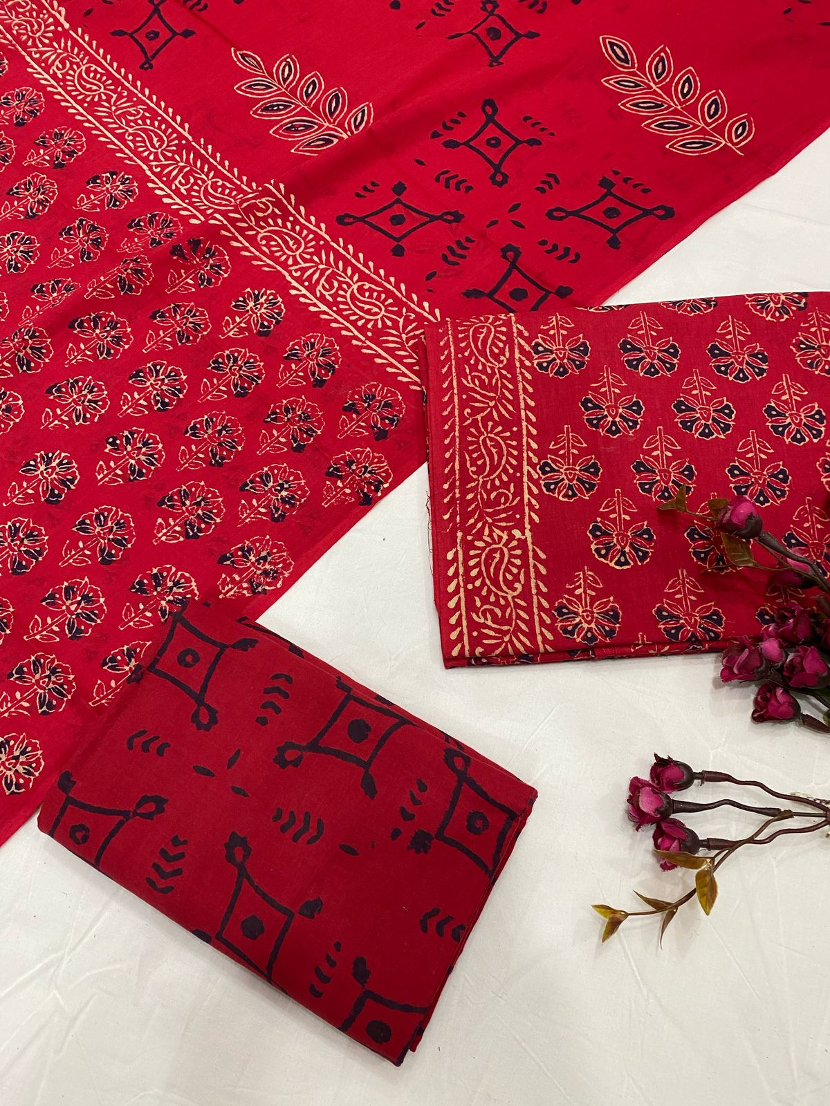 Hand Block Printed Cotton Suits With Cotton Dupatta