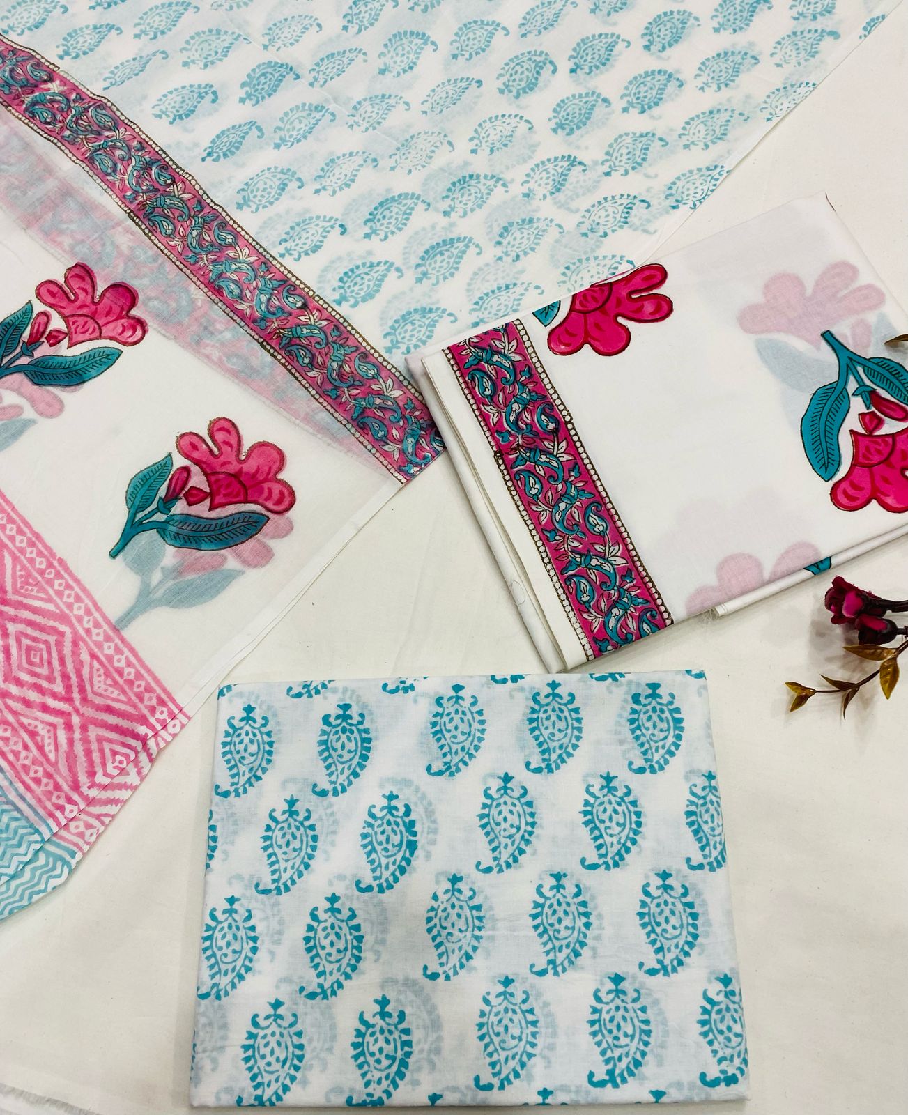 Hand Block Printed Cotton Suits With Cotton Dupatta