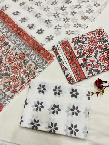 Hand Block Printed Cotton Suits With Cotton Dupatta