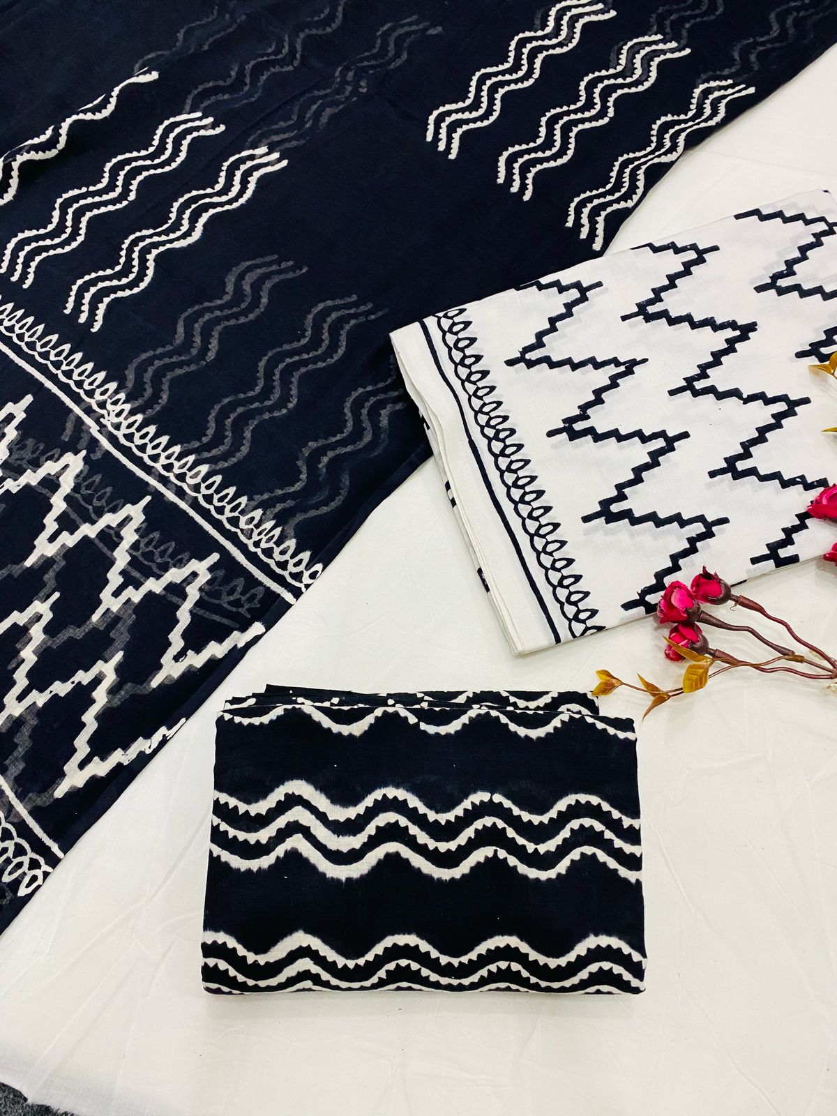 Hand Block Printed Cotton Suits With Cotton Dupatta