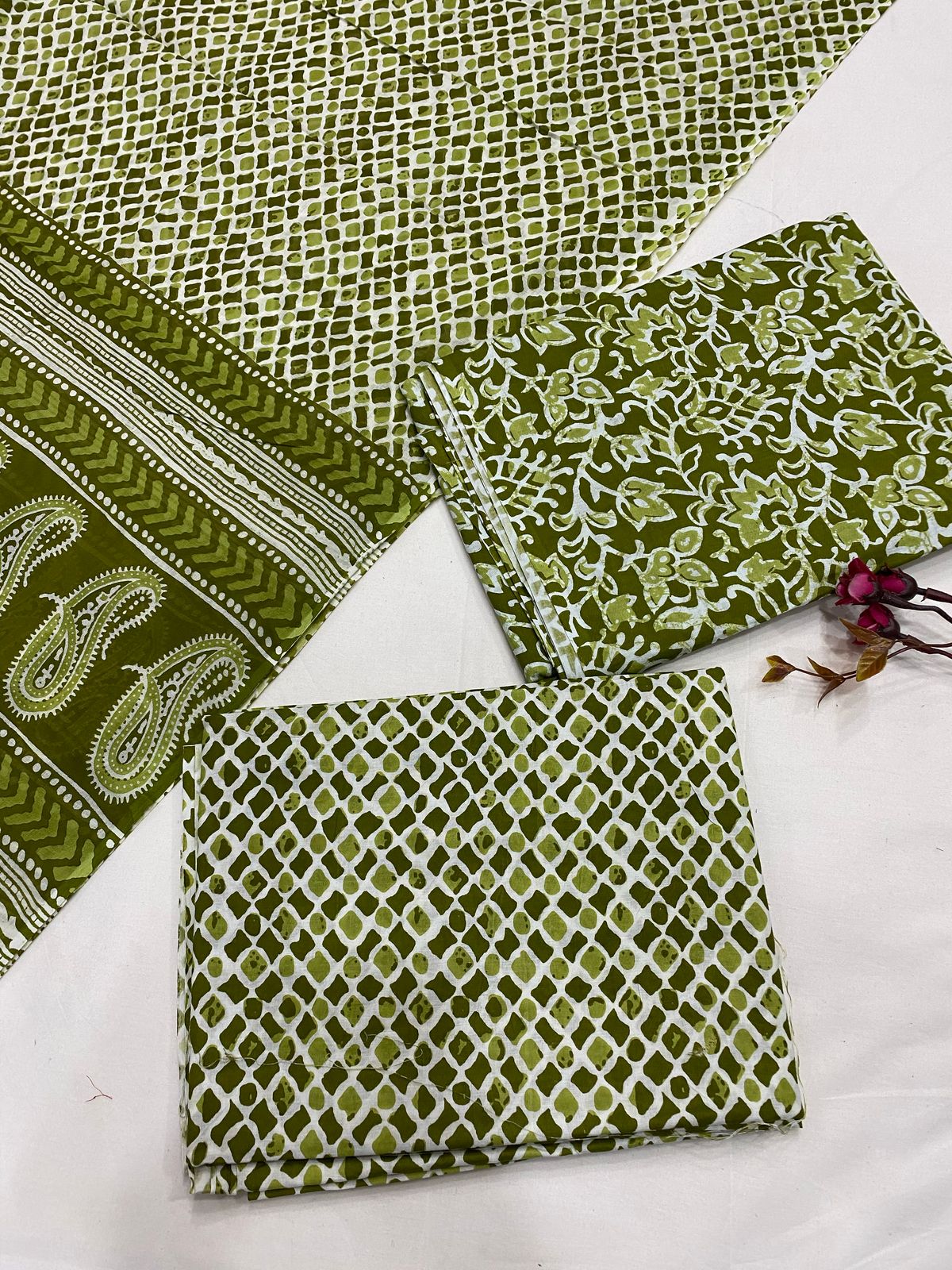 Hand Block Printed Cotton Suits With Cotton Dupatta