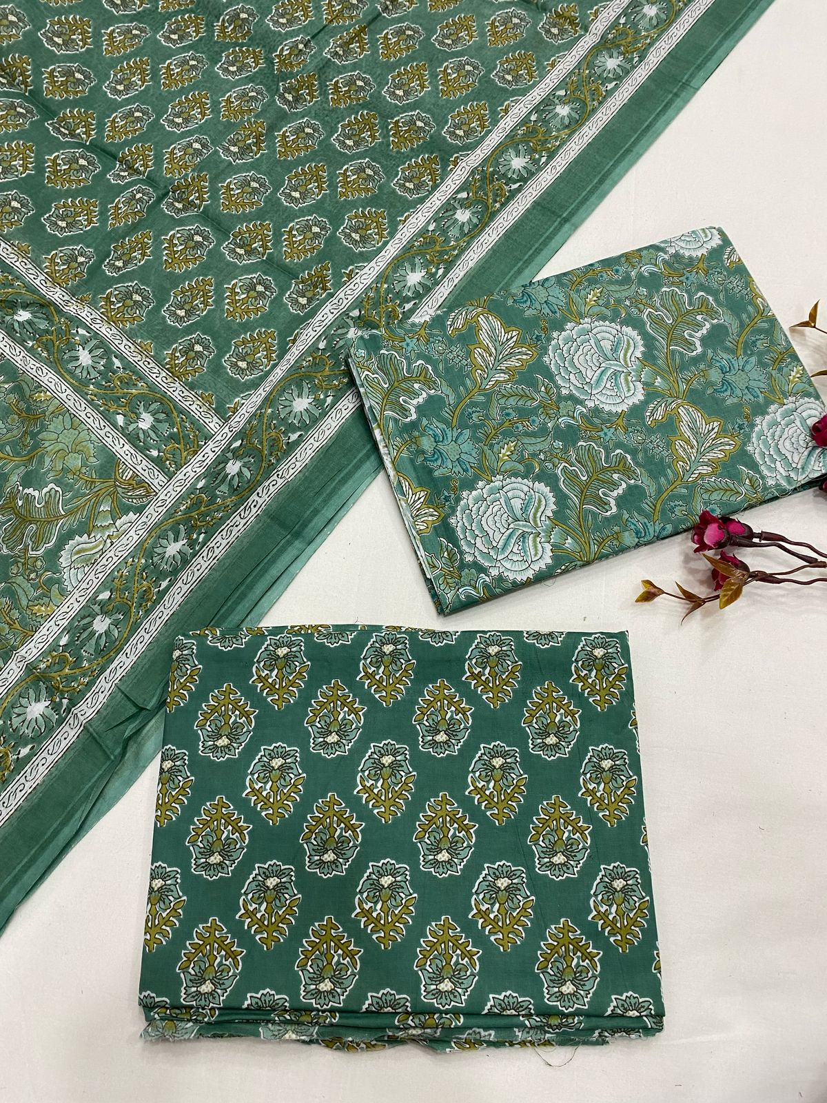 Hand Block Printed Cotton Suits With Cotton Dupatta