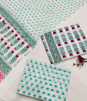 Hand Block Printed Cotton Suits With Cotton Dupatta