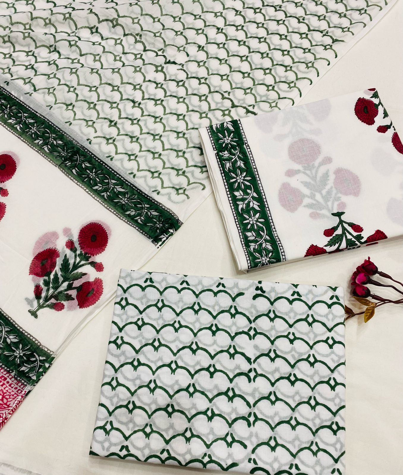 Hand Block Printed Cotton Suits With Cotton Dupatta