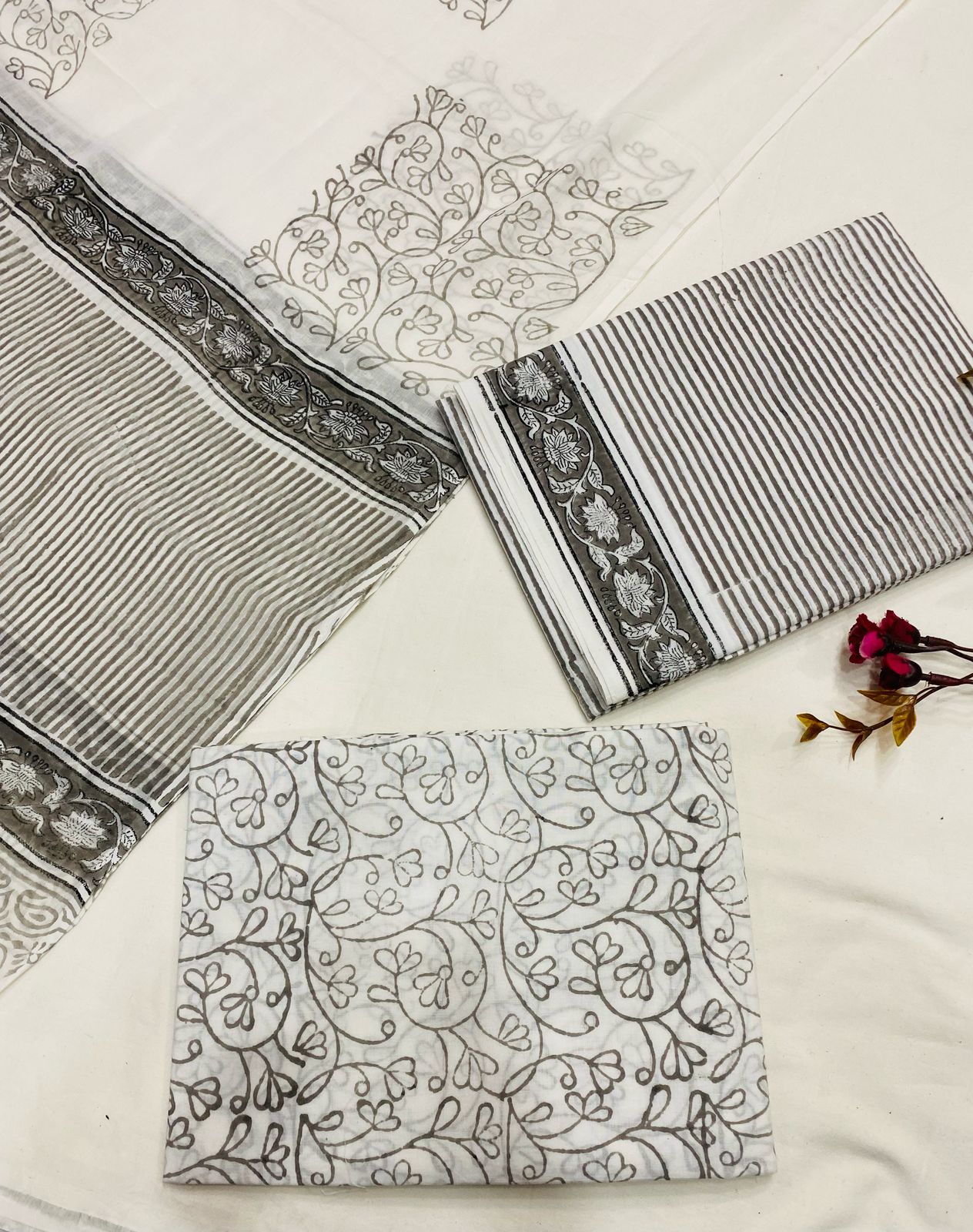 Hand Block Printed Cotton Suits With Cotton Dupatta