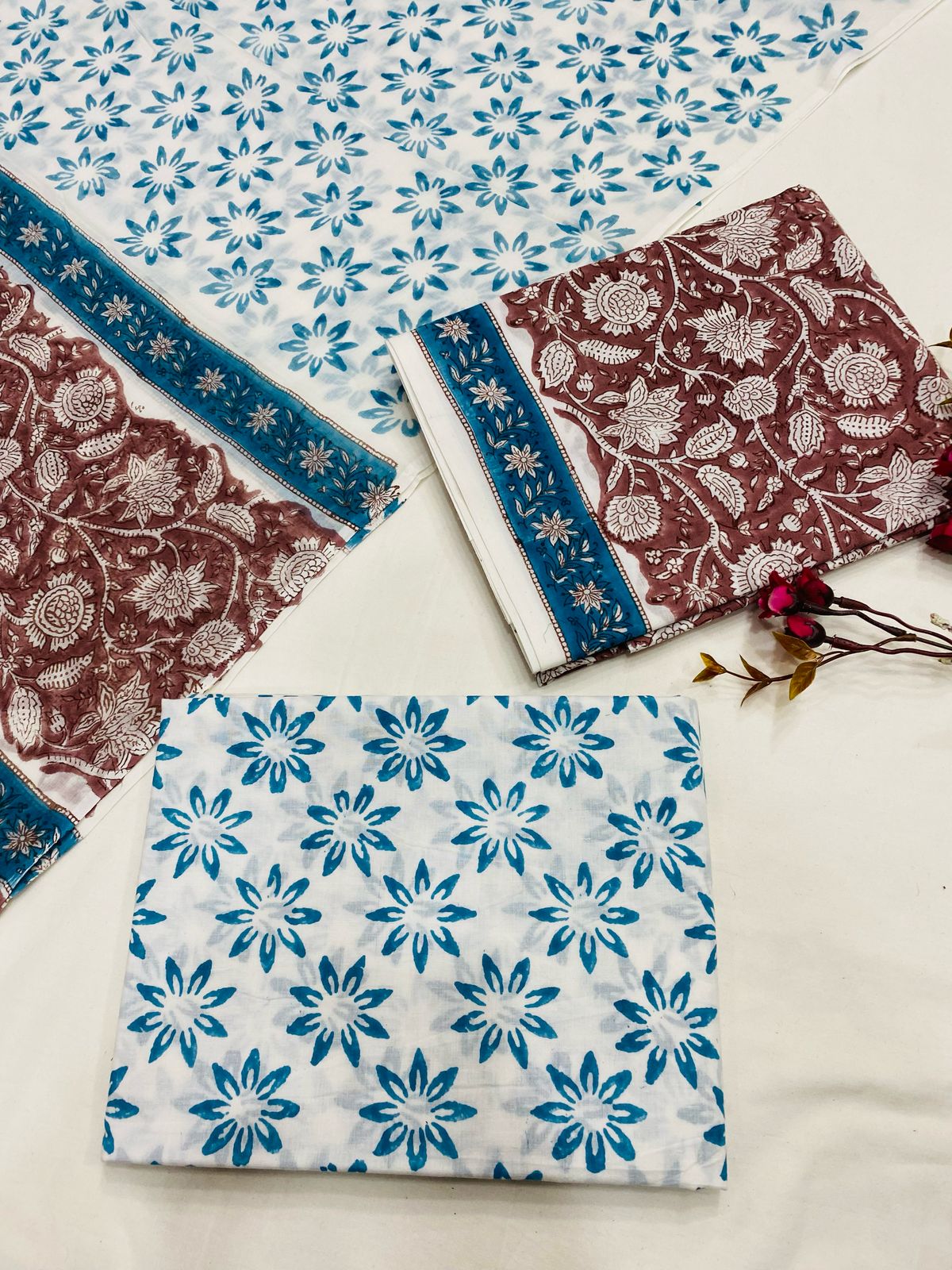 Hand Block Printed Cotton Suits With Cotton Dupatta