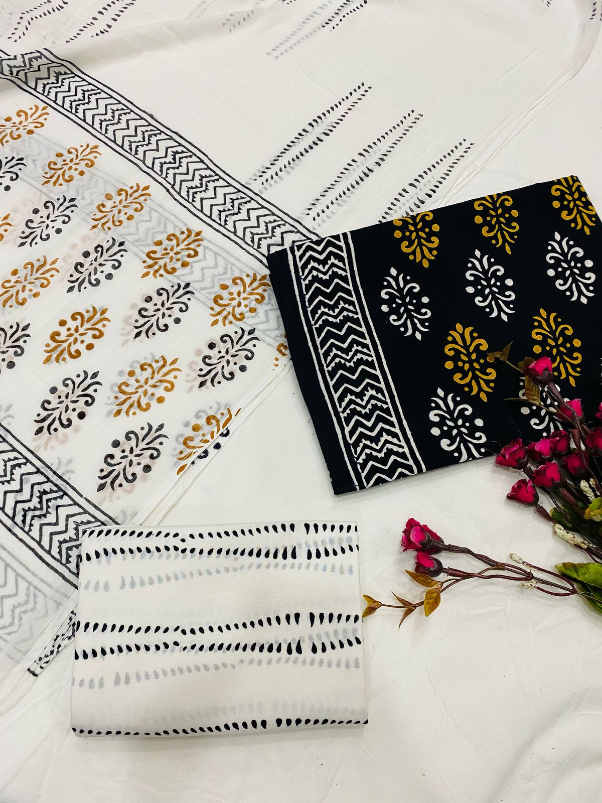 Hand Block Printed Cotton Suits With Cotton Dupatta