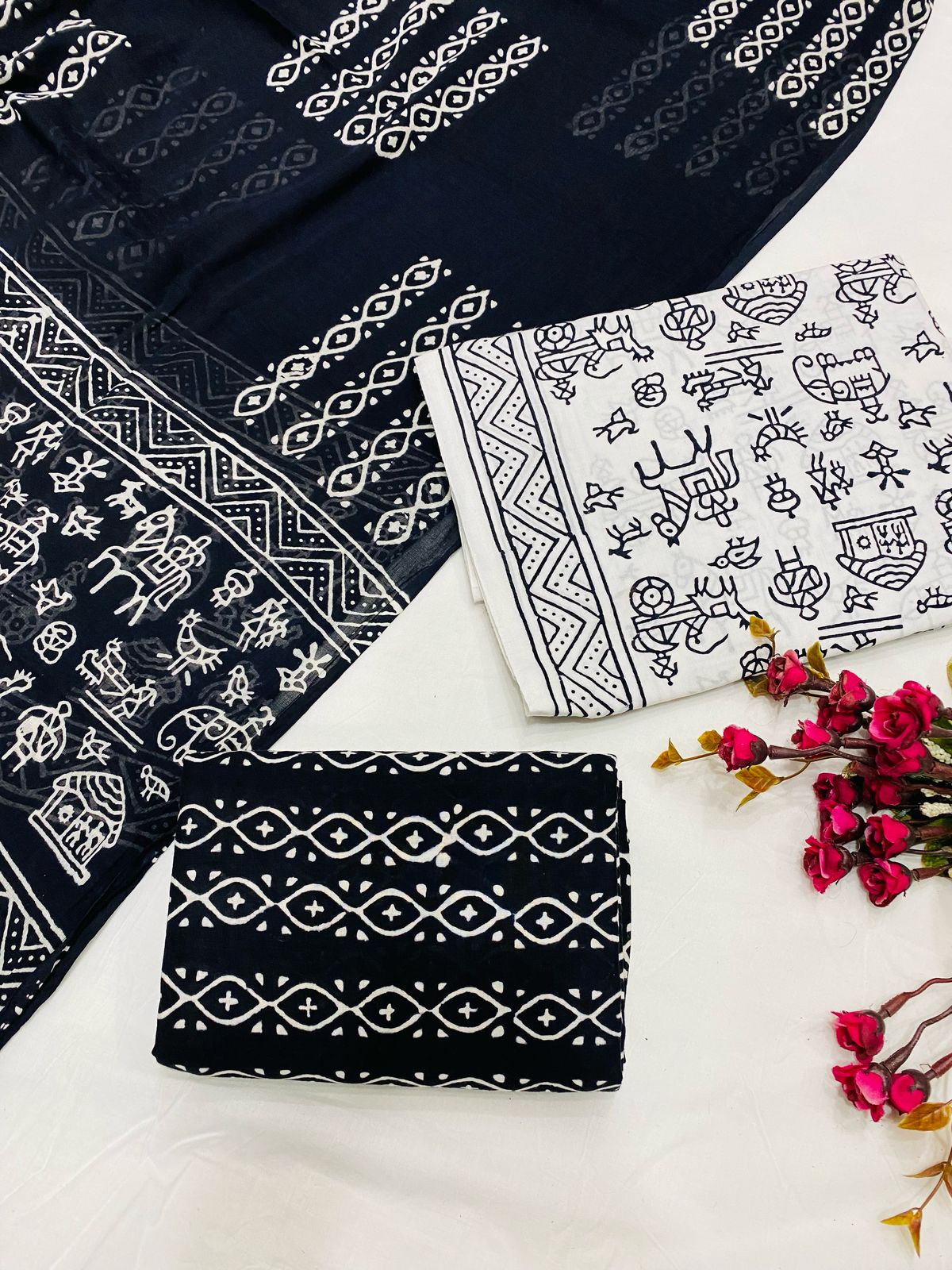 Hand Block Printed Cotton Suits With Cotton Dupatta