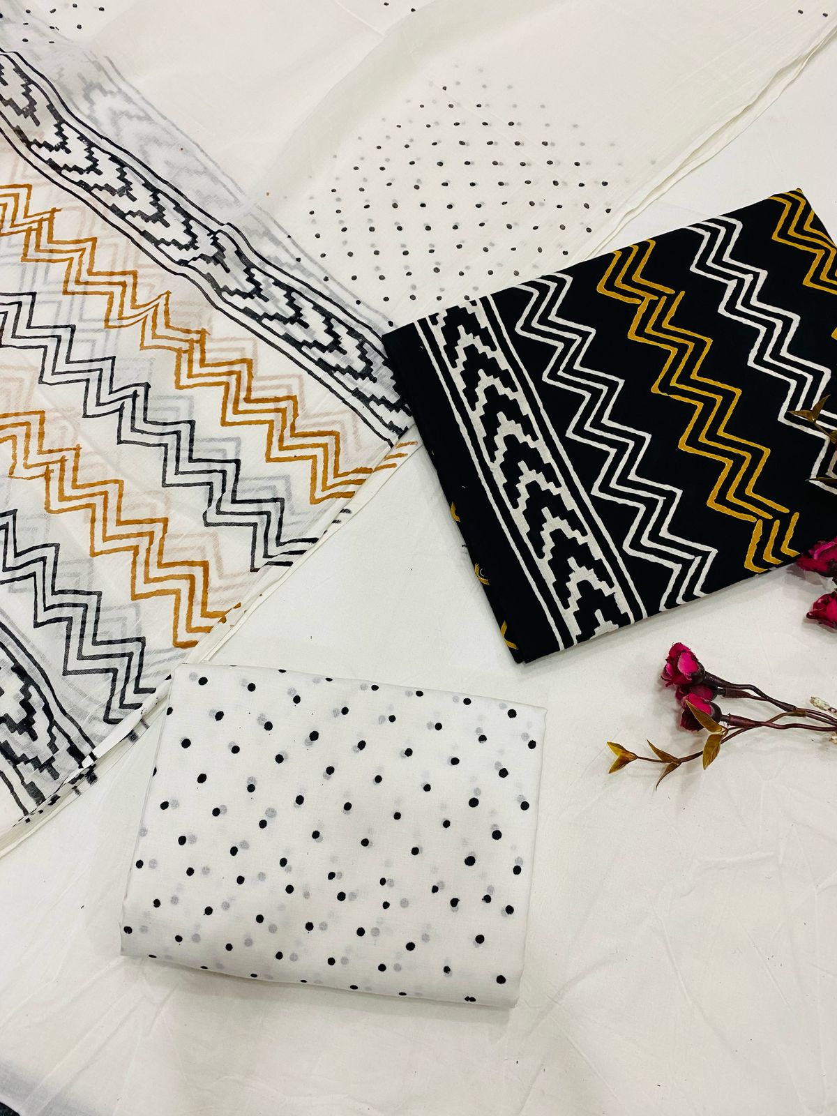 Hand Block Printed Cotton Suits With Cotton Dupatta