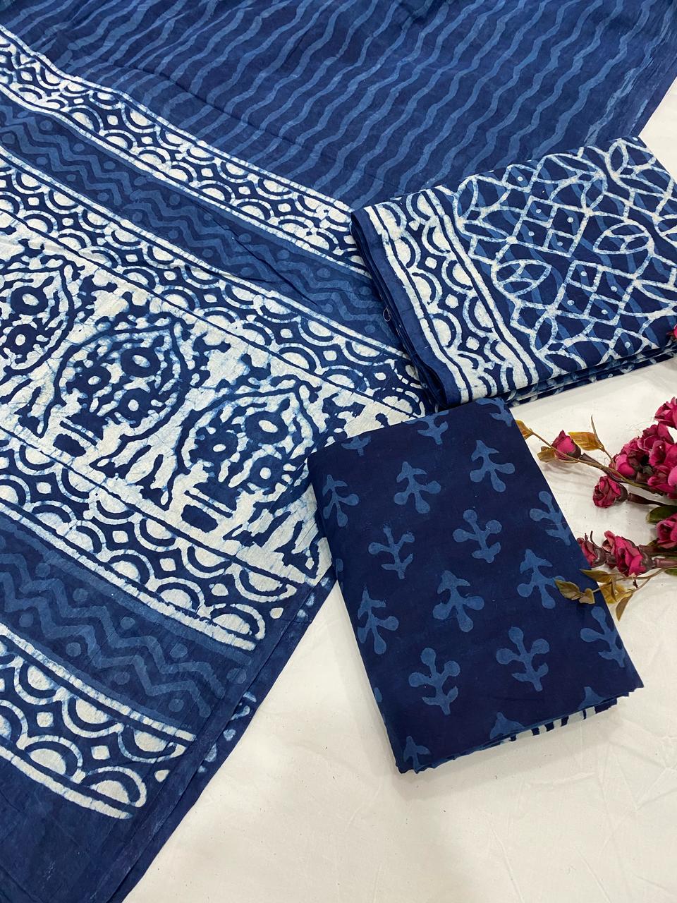 Hand Block Printed Cotton Suits With Cotton Dupatta