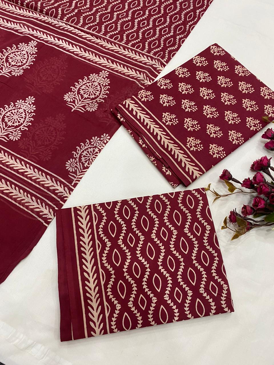 Hand Block Printed Cotton Suits With Cotton Dupatta