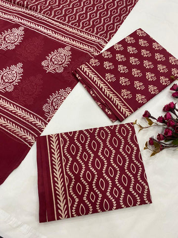 Hand Block Printed Cotton Suits With Cotton Dupatta