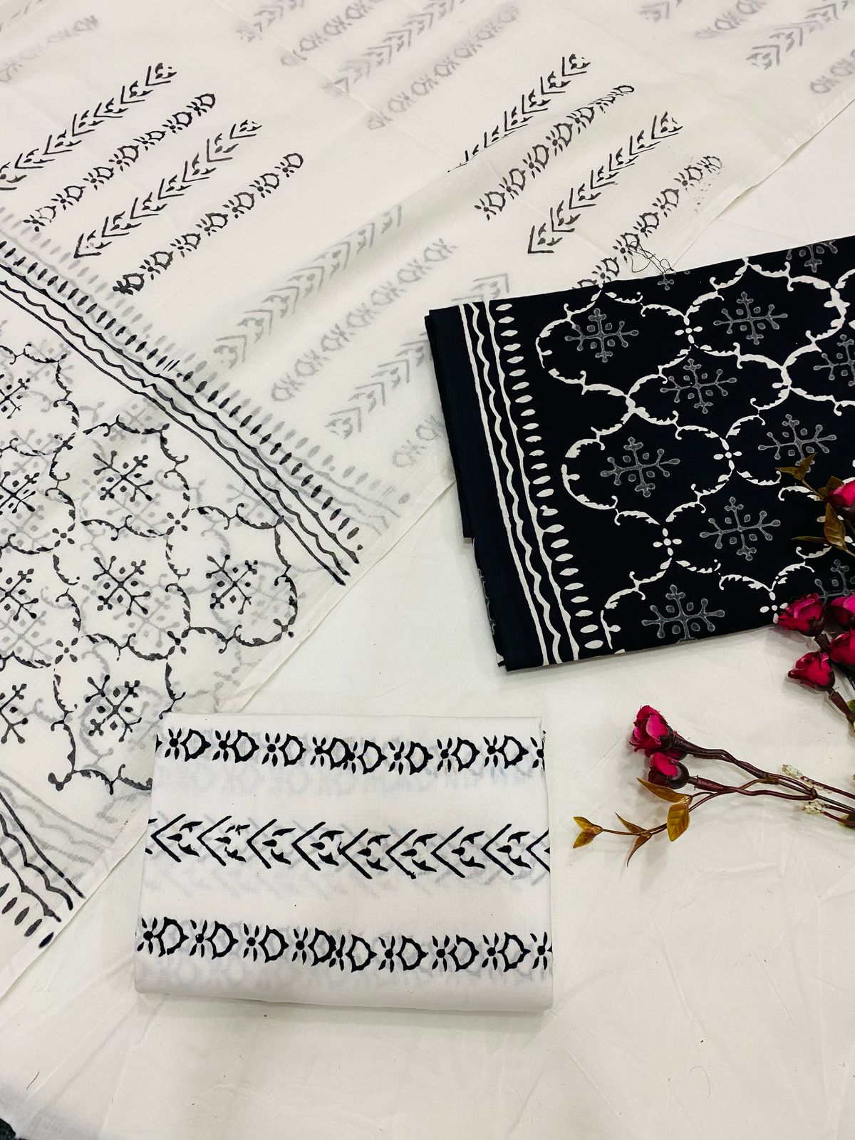 Hand Block Printed Cotton Suits With Cotton Dupatta