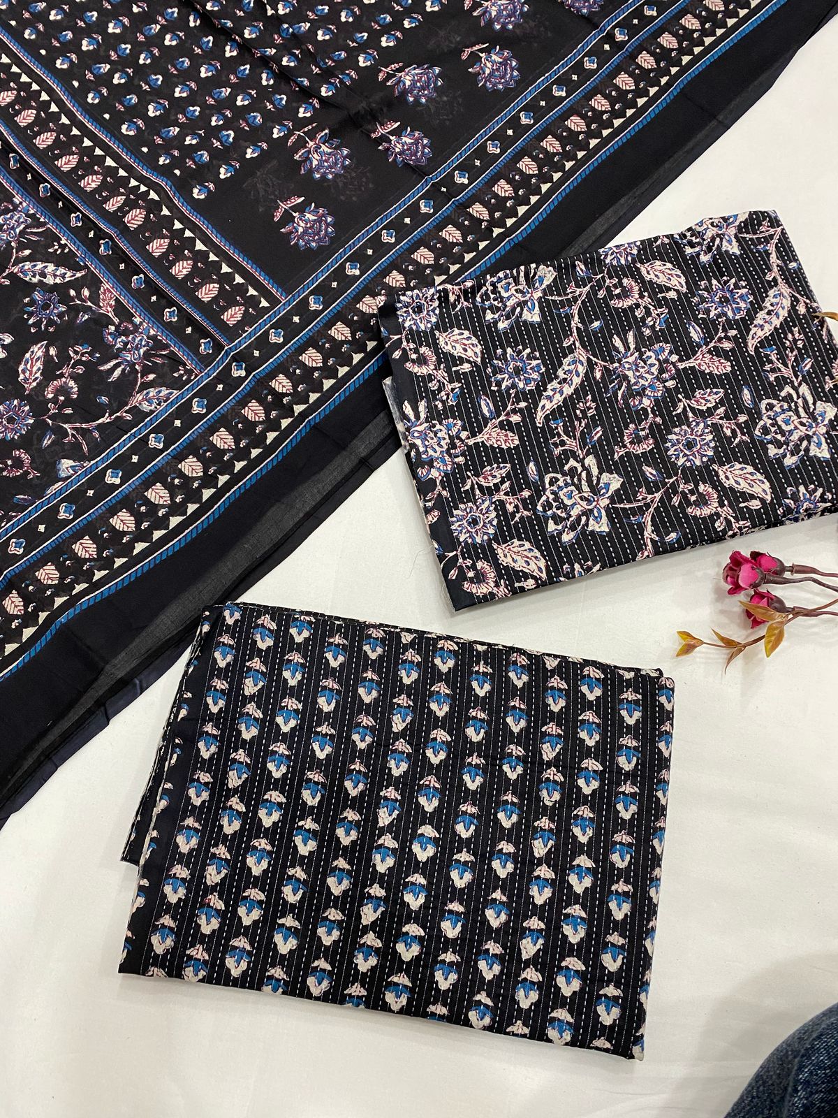 Hand Block Printed Cotton Suits With Cotton Dupatta