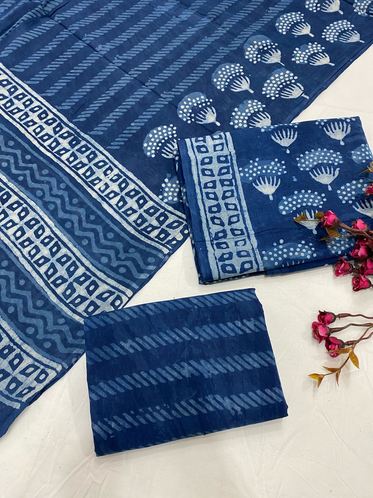 Hand Block Printed Cotton Suits With Cotton Dupatta