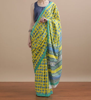 Bagru Block Print Cotton mulmul Sarees With Running Blouse