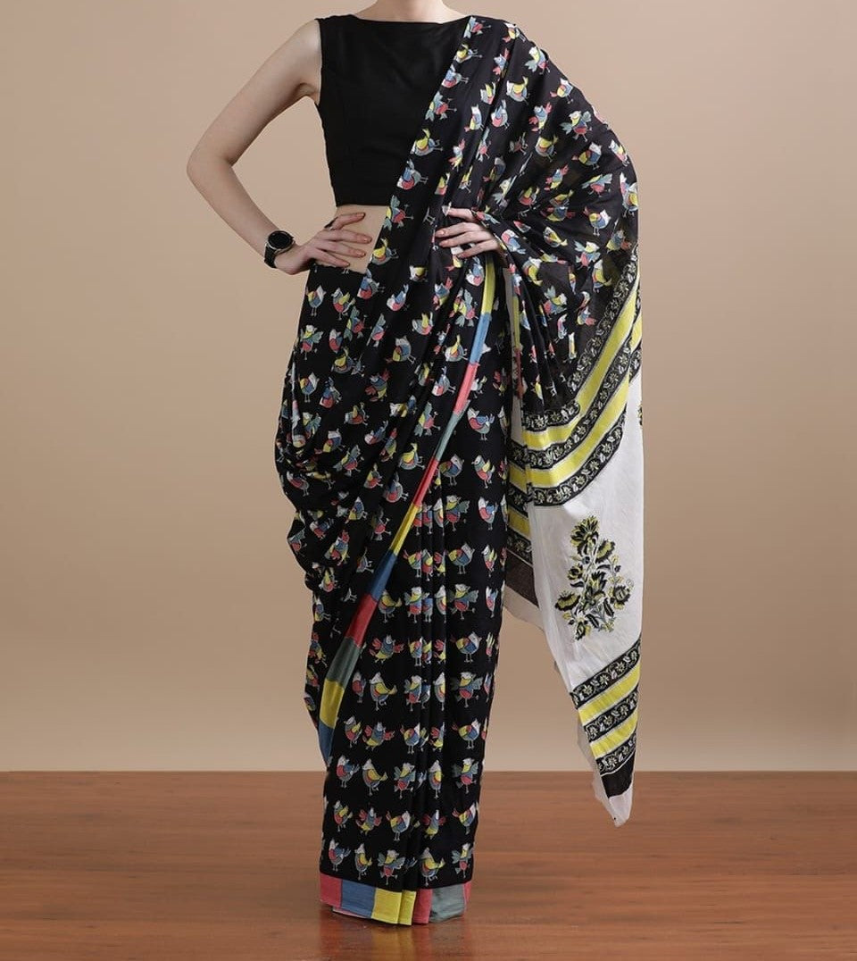 Bagru Block Print Cotton mulmul Sarees With Running Blouse