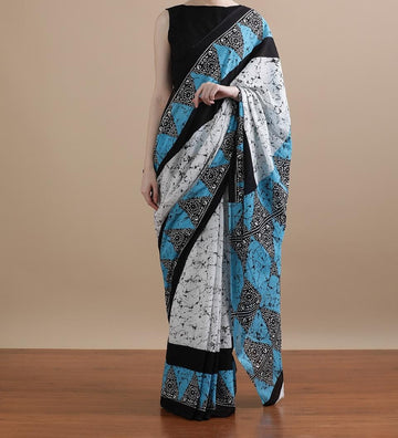 Bagru Block Print Cotton mulmul Sarees With Running Blouse