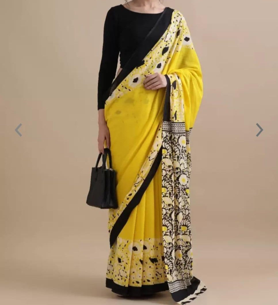 Bagru Block Print Cotton mulmul Sarees With Running Blouse