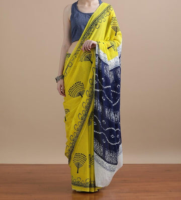 Bagru Block Print Cotton mulmul Sarees With Running Blouse