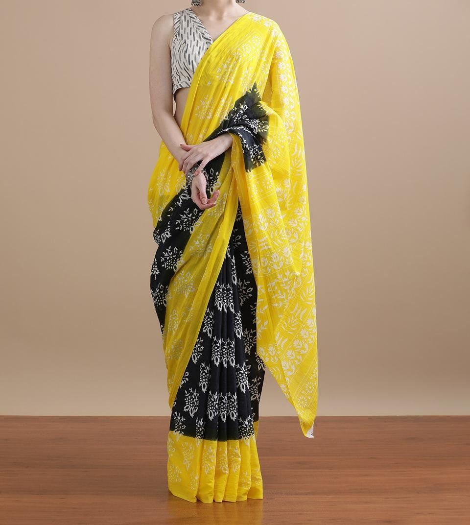 Bagru Block Print Cotton mulmul Sarees With Running Blouse