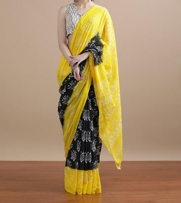 Bagru Block Print Cotton mulmul Sarees With Running Blouse