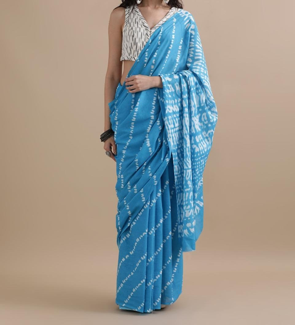 Bagru Block Print Cotton mulmul Sarees With Running Blouse