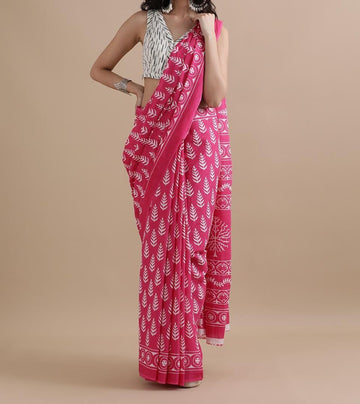 Bagru Block Print Cotton mulmul Sarees With Running Blouse