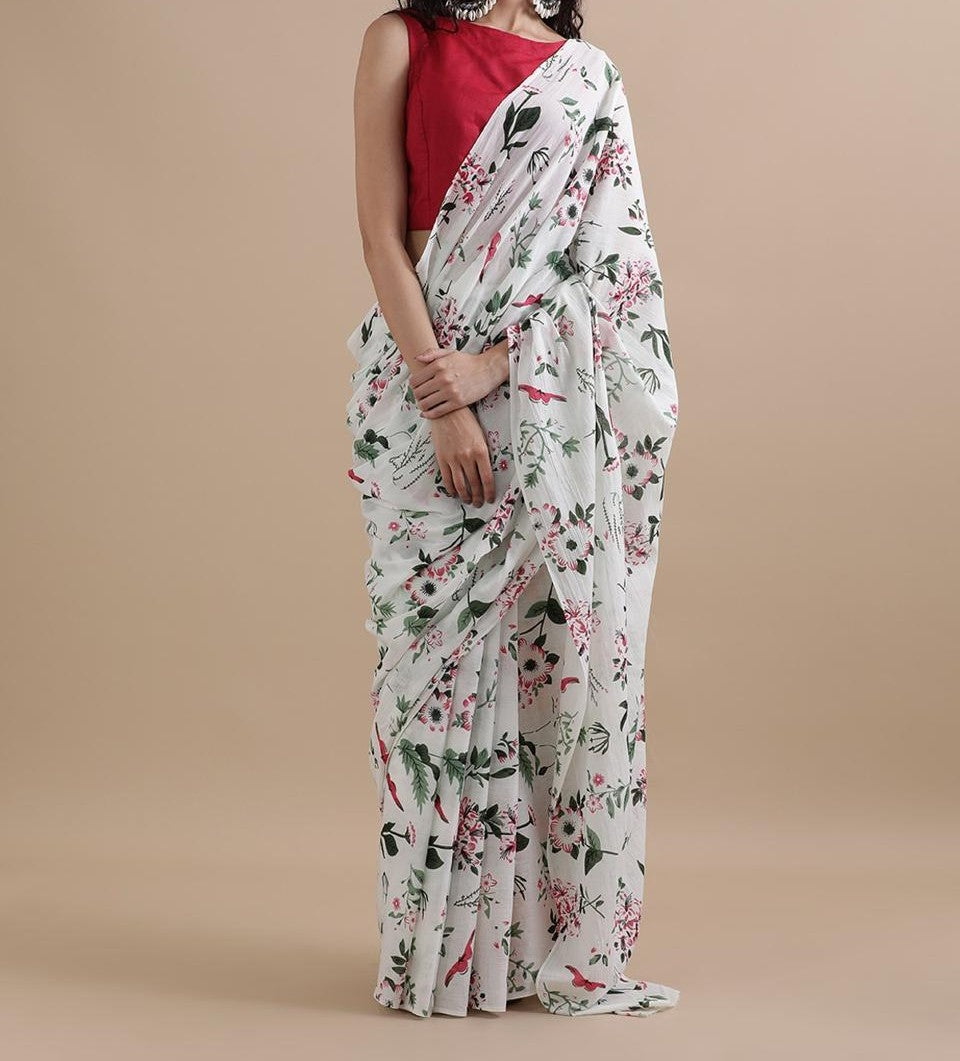 Bagru Block Print Cotton mulmul Sarees With Running Blouse