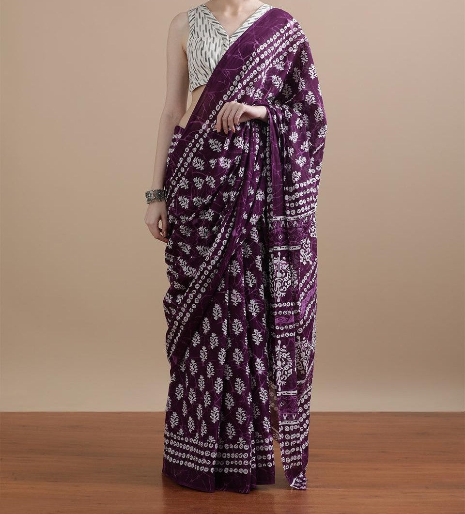 Bagru Block Print Cotton mulmul Sarees With Running Blouse