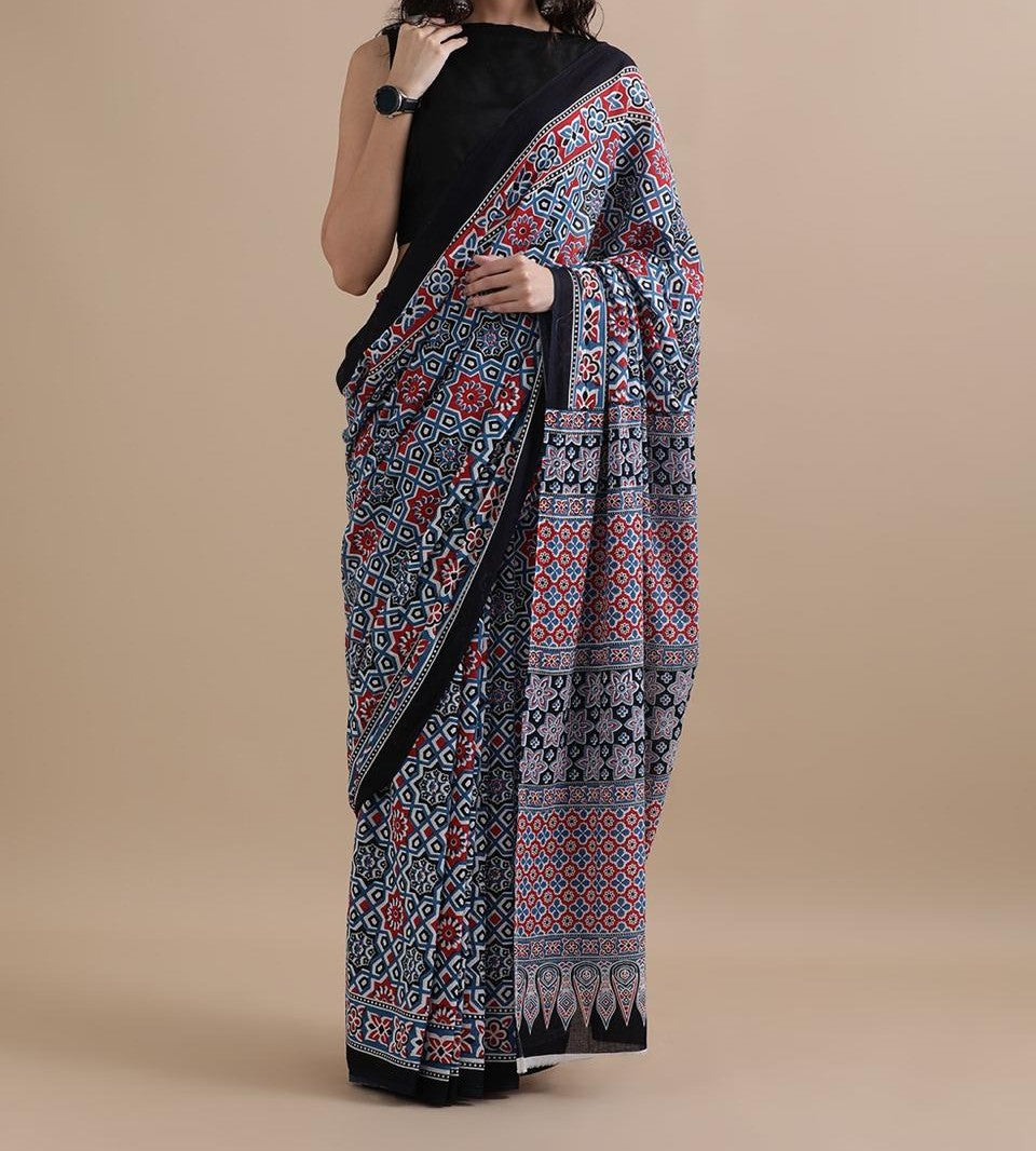 Bagru Block Print Cotton mulmul Sarees With Running Blouse
